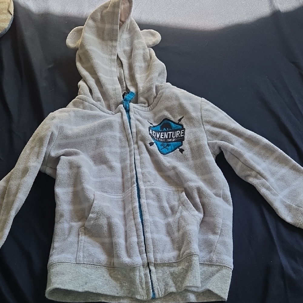 George Grey Hoodie with Blue 'Adventure' Patch and Ear Hood